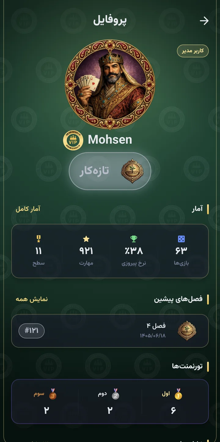 پروفایل: آواتار با قاب، نشان VIP، آمار، فصل‌های پیشین، مدال‌های تورنمنت و نشان‌ها