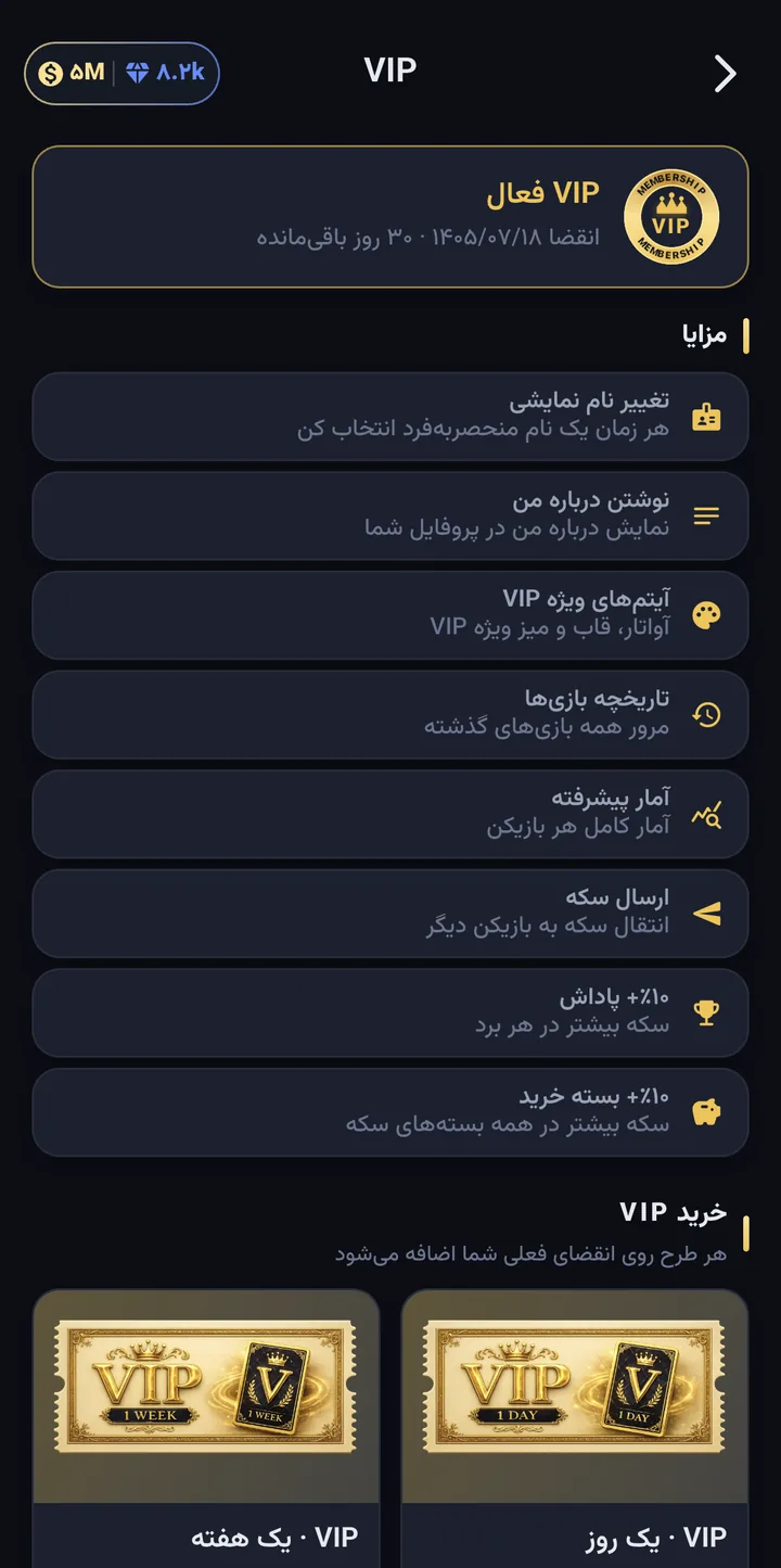 صفحهٔ VIP: فهرست مزایا شامل تغییر نام، درباره من، آیتم‌های ویژه و آمار پیشرفته